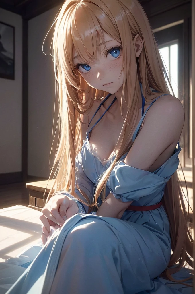 ((1 Female, 1 person, Solitary) Alice, Humanity, Long curly blond hair, blue eyes, freckle, teenager, 18 years, Rebirth_ongoing) (Main Part, Super detailed, 8K, (HD, Sunlight:0.5, Soft_shadow:0.5, atmosphere_light, 8K, 4K, Surrealism, elegant, ((((Appearance)))), Soft Ton, 柔和的light))(((Dark, Chiaroscuro)))