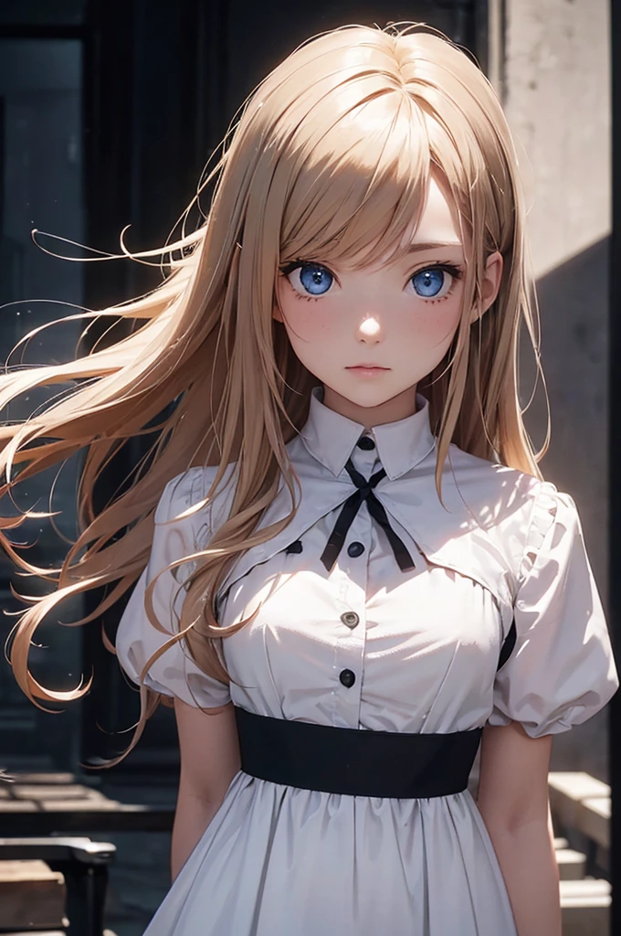 ((1 Female, 1 person, Solitary) Alice,  Humanity, Long curly blond hair, blue eyes, freckle, teenager, 18 years, Rebirth_ongoing) (Main Part, Super detailed, 8K, (HD, Sunlight:0.5, Soft_shadow:0.5, atmosphere_light, 8K, 4K, Surrealism, elegant, ((((Appearance)))), Soft Ton, 柔和的light))(((Dark, Chiaroscuro)))