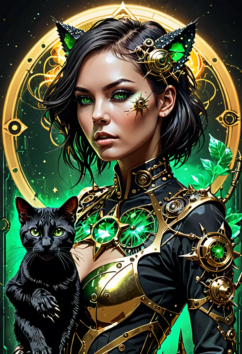 high quality, cyborg, steampunk, Nanopunk, touch, neon, hardcore, emerald black and gold star background, inyan, steel, thorns, planets, fissure, double exposure, unique, young woman, scull, Cats, iguana, broken, neonовые глаза, language, fangs, camellias, фрактал торнадо smokeа, portal, division, smoke, Couple, fragments, recursion, Furious Fire, spraying, short hair, Vector graphics, excessive detail, filigree pattern, metamorphosis, detailed drawing, 64k, ISO 1500