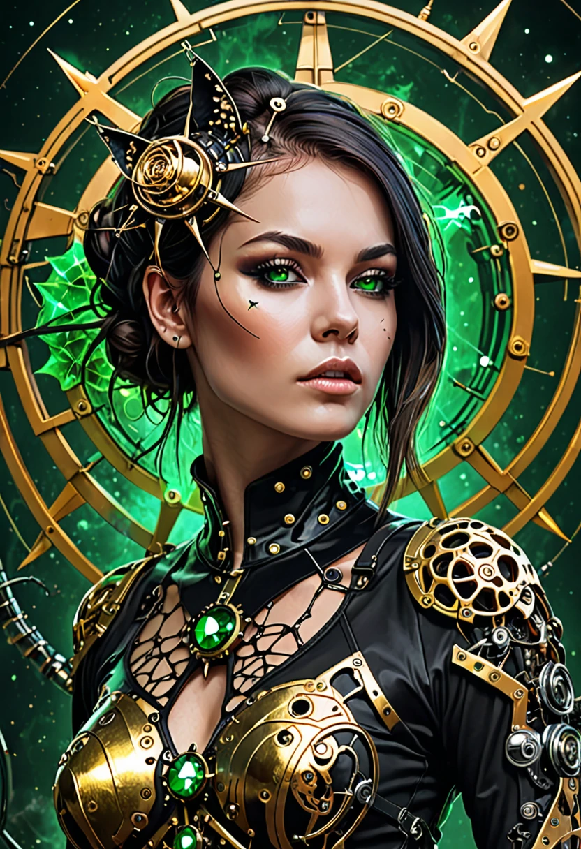 high quality, cyborg, steampunk, Nanopunk, touch, neon, hardcore, emerald black and gold star background, inyan, steel, thorns, planets, fissure, double exposure, unique, young woman, scull, Cats, iguana, broken, neonовые глаза, language, fangs, camellias, фрактал торнадо smokeа, portal, division, smoke, Couple, fragments, recursion, Furious Fire, spraying, short hair, Vector graphics, excessive detail, filigree pattern, metamorphosis, detailed drawing, 64k, ISO 1500