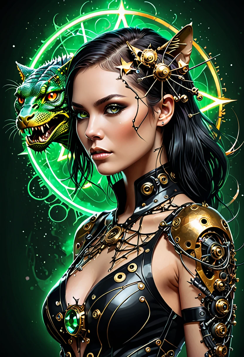 high quality, cyborg, steampunk, Nanopunk, touch, neon, hardcore, emerald black and gold star background, inyan, steel, thorns, planets, fissure, double exposure, unique, young woman, scull, Cats, iguana, broken, neonовые глаза, language, fangs, camellias, фрактал торнадо smokeа, portal, division, smoke, Couple, fragments, recursion, Furious Fire, spraying, short hair, Vector graphics, excessive detail, filigree pattern, metamorphosis, detailed drawing, 64k, ISO 1500