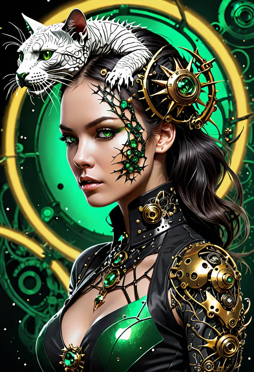 high quality, cyborg, steampunk, Nanopunk, touch, neon, hardcore, emerald black and gold star background, inyan, steel, thorns, planets, fissure, double exposure, unique, young woman, scull, Cats, iguana, broken, neonовые глаза, language, fangs, camellias, фрактал торнадо smokeа, portal, division, smoke, Couple, fragments, recursion, Furious Fire, spraying, short hair, Vector graphics, excessive detail, filigree pattern, metamorphosis, detailed drawing, 64k, ISO 1500