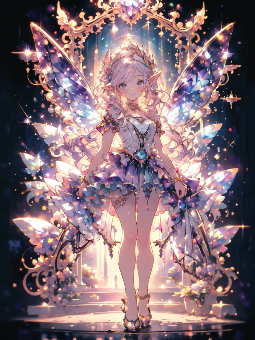 (masterpiece,Highest quality, Very detailed, beautiful, Exquisite, 16K, Full HD),((Whole body)), ((White Background)),((smile,Happy:1.5)),((Frills, Rhinestones and Amethyst,Sparkly purple fluffy layered ball gown)),((city)),((Butterfly Wings)),(amethyst tiara,Amethyst Choker,Amethyst Earrings,Amethyst Shoes,)(Pink medium hair,Hair blowing in the wind, Fluffy hair),(White skin,Lavender eyes, Long eyelashes, Big eyes,Pale pink cheeks, Pointed Ears),Dazzling Light, Warm lighting, (pastel colour,Tabletop, Art Station, Fantasy art:1.2),underwear,