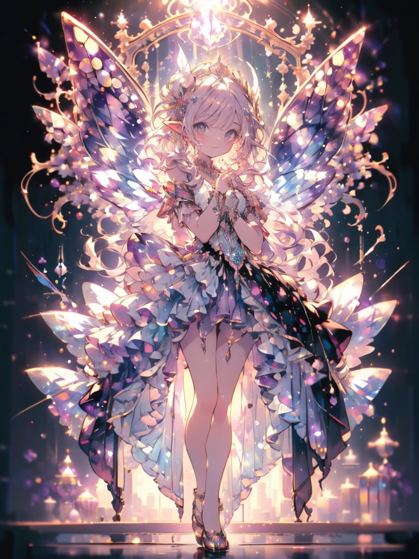 (masterpiece,Highest quality, Very detailed, beautiful, Exquisite, 16K, Full HD),((Whole body)), ((White Background)),((smile,Happy:1.5)),((Frills, Rhinestones and Amethyst,Sparkly purple fluffy layered ball gown)),((city)),((Butterfly Wings)),(amethyst tiara,Amethyst Choker,Amethyst Earrings,Amethyst Shoes,)(Pink medium hair,Hair blowing in the wind, Fluffy hair),(White skin,Lavender eyes, Long eyelashes, Big eyes,Pale pink cheeks, Pointed Ears),Dazzling Light, Warm lighting, (pastel colour,Tabletop, Art Station, Fantasy art:1.2),underwear,