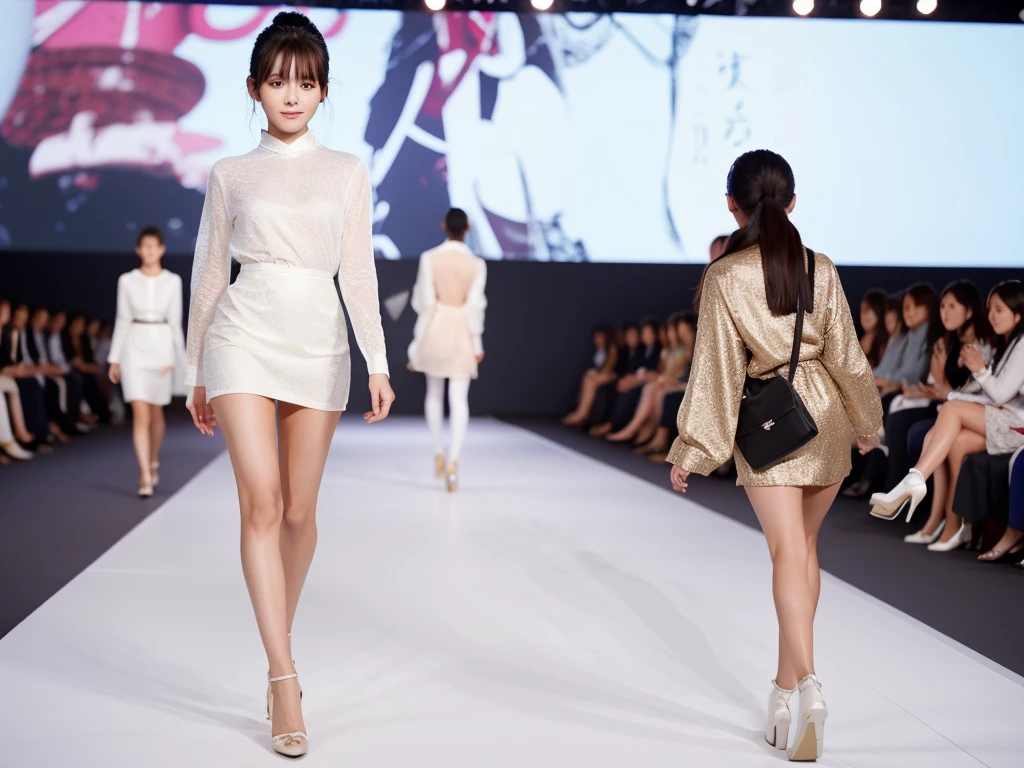 An extremely beautiful Japanese high school girl race queen who highlights her beautiful legs、She was photographed walking down the runway at a fashion show wearing Luxa's new underwear.、She is an eternal idol who combines a clean look with modern charm.。 She creates such beauty。 She feels her own warmth。 She creates a warm atmosphere。 We create beauty。 That's what I want to say。 In her full body photo、The figure features porcelain-like skin and golden hair that radiates a soft glow.。 This is probably、It captured the essence of her timeless charm.、This is the best shot ever.。 Each straight line and curve is carefully expressed.、Breathtakingly beautiful with impeccable detail。 This piece perfectly captures her timeless beauty.。 Divine Proportions、Sharp focus、Full-body photo taken by Kishin Shinoyama、high quality、High resolution、Detailed Background