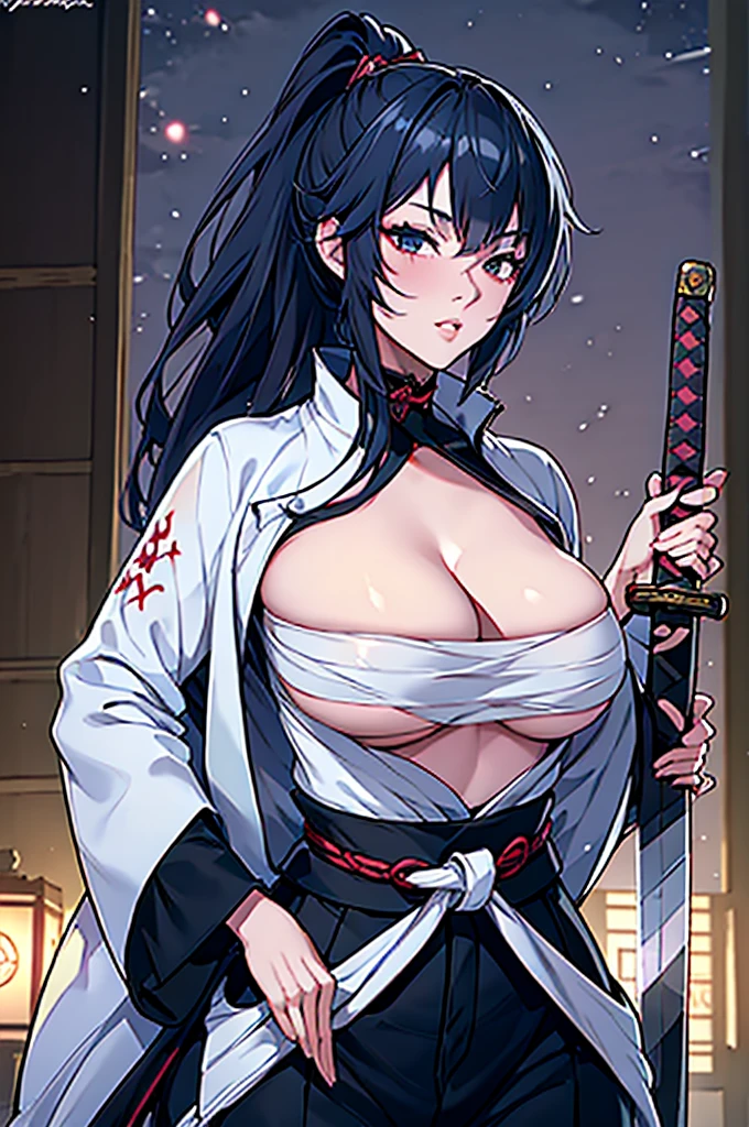 a female samurai, beautiful detailed eyes, beautiful detailed lips, extremely detailed face, long eyelashes, (katana sword on hip:1.2),hyper realistic lighting,(super detailed:1.3),((best quality:1.2)),((masterpiece:1.2)),female focus,lonely beauty,detailed face,detailed lips,(nighttime:1.6),(standing in a medieval europe castletown),(eclipse),cowboy shot,cleavage,((shibari across breasts:1.125)),topknot,muted dark blue hair,white samurai coat,black samurai pants:1.4,