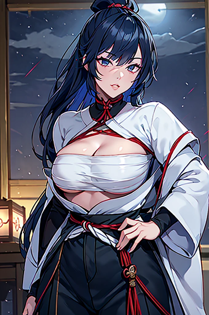 a female samurai, beautiful detailed eyes, beautiful detailed lips, extremely detailed face, long eyelashes, (katana sword on hip:1.2),hyper realistic lighting,(super detailed:1.3),((best quality:1.2)),((masterpiece:1.2)),female focus,lonely beauty,detailed face,detailed lips,(nighttime:1.6),(standing in a medieval europe castletown),(eclipse),cowboy shot,cleavage,((shibari across breasts:1.125)),topknot,muted dark blue hair,white samurai coat,black samurai pants:1.4,