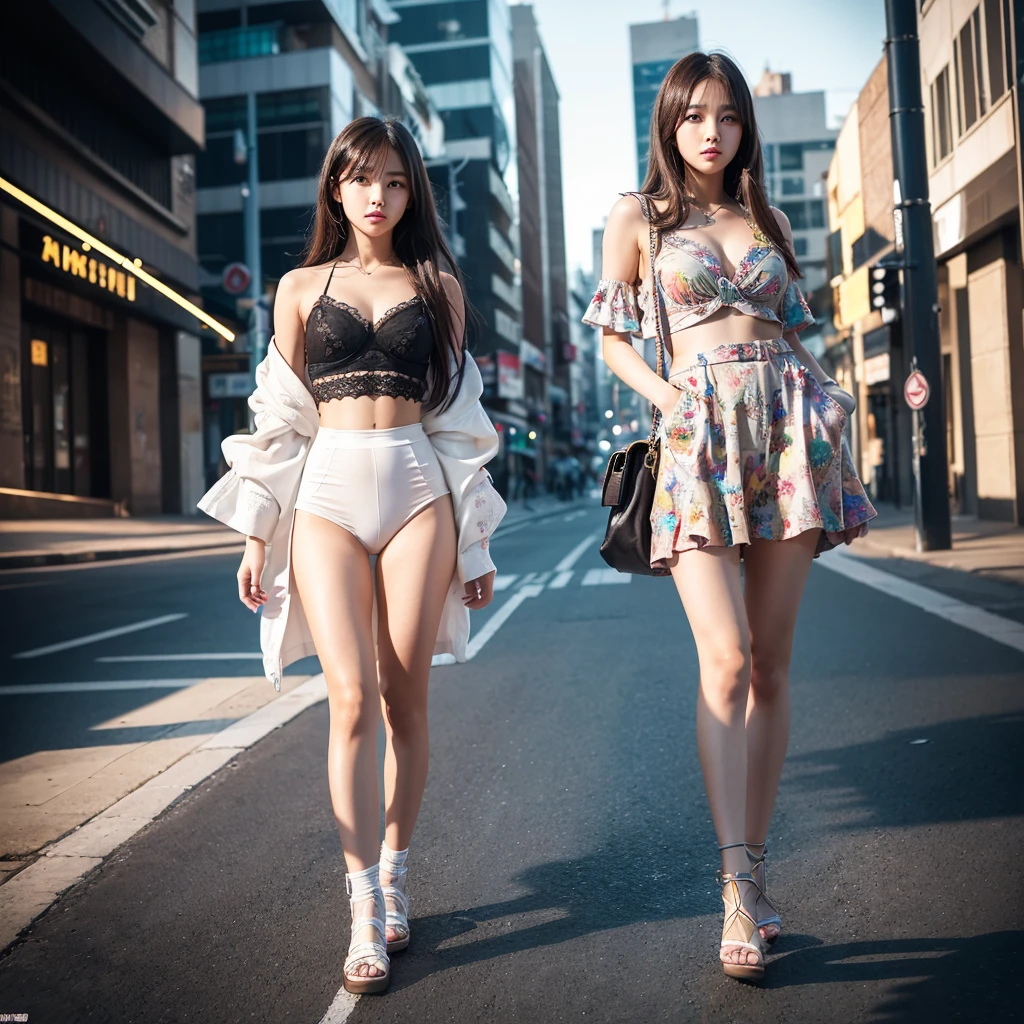 FULL BODY KOREAN MODELS WHO ARE WEARING THE , BRIMMING ABOUT HER face ON THE WHOLE BODY, SHOWING OFF THEIR LONG LEGS AND LUXURIOUS JEWEL, photojournalism, shot on 44mm lens, ultra - wide angle, unreal engine, cinematic, color grading, editorial photography, depth of field, tilt blur, shutter speed 1/ 1000, super - resolution, megapixel, backlight, natural lighting, incandescent, cinematic lighting, volumetric, beautiful lighting, accent lighting, global illumination, lumen reflections, chromatic aberration, anti - aliasing, tone mapping, photo realistic, hyper maximalist, hypermaximalist, elegant, hyper realistic, super detailed, ultra - detailed, intricate details, dynamic pose, ambient occlusion, high contrast, CGI, VFX, SFX, DOF, F/ 22, FKAA, TXAA, RTX, SSAO, HDR, 8k
