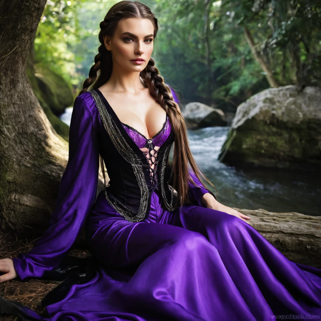 Magnificent photograph of a stunning woman wearing an opulent medieval wizard costume in rich black and purple tones, her long braids flowing like a night river. Her cleavage plunges to reveal a seductive look and her gorgeous breasts seem to glisten beneath the fabric. Standing tall, her legendary presence exudes an aura of breathtaking beauty, pure perfection and divine presence. The vibrant colors of her clothes shine against a dramatic background, making her unforgettable and impressive in this awe-inspiring painting.