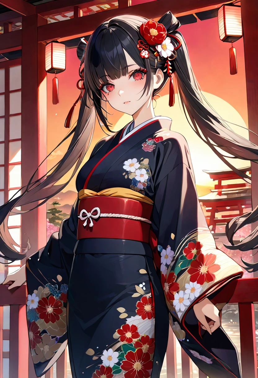 masterpiece, best quality, ultra detailed, detailed eyes,
1girl, intricate floral kimono, (tear mole), black hair, long hair, twin tails, 
bangs, red eyes, hair ornaments, flowers in hair, red ribbon, traditional Japanese outfit, 
detailed face, detailed background, lanterns, sunset lighting, beauty mark under eye, 
high quality, vibrant colors