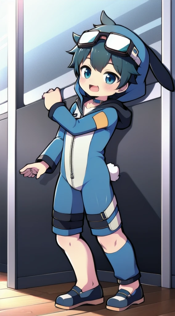 2D Shonen Shota,One-piece mountaineering suit,Slim, healthy body,Put the headphones on your head,stand up,goggles,Rabbit ears,Happy,Sailor collar,tie,zipper,hood