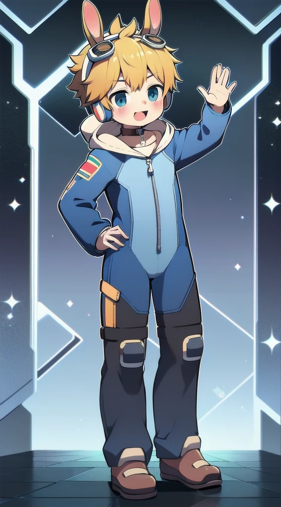 2D Shonen Shota,One-piece mountaineering suit,Slim, healthy body,Put the headphones on your head,stand up,goggles,Rabbit ears,Happy,Sailor collar,tie,zipper,hood