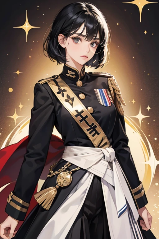 she has black hair and dark eyes. sHe normally wears a tricolored sash from her top-right shoulder to left-hip, on top a black uniform. SPARKLE; GLITTER