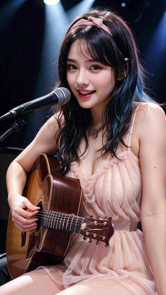 ((best quality)), photorealistic, photorealism, Photorealistic, high resolution, ((Wearing ???? pink ?????????????????, headband))、smile、A superb beauty、Super cute、adorable、ennui、Rare beauty、Very Short hair、Black Dark Eyeshadow、Sad、white skin、pale skin, Very short hair layered、Dark Gothic Makeup、Cute Smile、Fragrant beauty、Garden background、Mastepiece、Best Quality、Refers to 5 books、Sweat glistening on my ?????、Sweat glistening on my face、??????????????、Blue hair、Age 20 years old、Mysterious look、A sad expression、Blue Hair、Glamorous concert stage、enchanting castle、Sweating profusely all over the body、A lot of sweat and light on the thighs、Shiny thighs、Plenty of sweat glistening on the thighs、A large amount of sweat glistens on my thighs、Sweating profusely、Gal、??????????????、Beautiful face、Alluring expression、Sitting、Sitting playing guitar、Thick thighs、Playing guitar、I have a guitar、Sing a song enthusiastically、Playing guitar in a band、Rock band、Playing guitar chords、Live House Background、Sing a song、Open your mouth、Live house scenery、Glamorous live stage、Dynamic Angle、Cinematic lighting