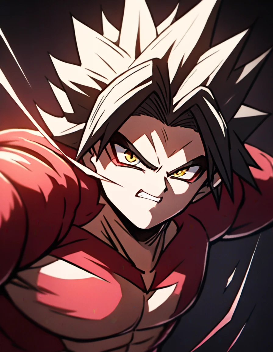 1boy, Goku (Dragon Ball), super saiyan, close-up, cinematic angle, foreshortening, dark background, (best quality, 4k, 8k,highres,masterpiece:1.2) ,ultra-detailed ,dramatic lighting ,chiaroscuro, dynamic composition,powerful energy aura, intense expression
