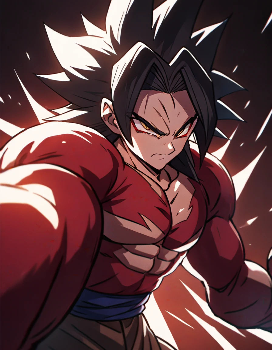 1boy, Goku (Dragon Ball), super saiyan, close-up, cinematic angle, foreshortening, dark background, (best quality, 4k, 8k,highres,masterpiece:1.2) ,ultra-detailed ,dramatic lighting ,chiaroscuro, dynamic composition,powerful energy aura, intense expression
