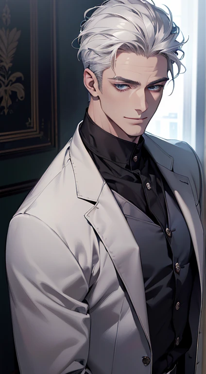 (best quality, masterpiece, 8K, photorealistic, cinematic lighting, 1:4 hdr image, top view, ultra detailed, beautiful image), a mature man, very handsome, short grey white hair, blue eyes, perfect face without errors , ((buttoning his jacket, CEO)), smile in love.