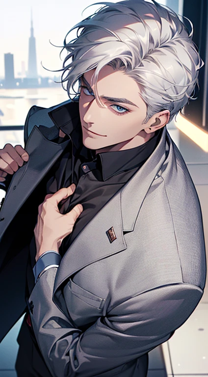 (best quality, masterpiece, 8K, photorealistic, cinematic lighting, 1:4 hdr image, top view, ultra detailed, beautiful image), a mature man, very handsome, short grey white hair, blue eyes, perfect face without errors , ((buttoning his jacket, CEO)), smile in love.