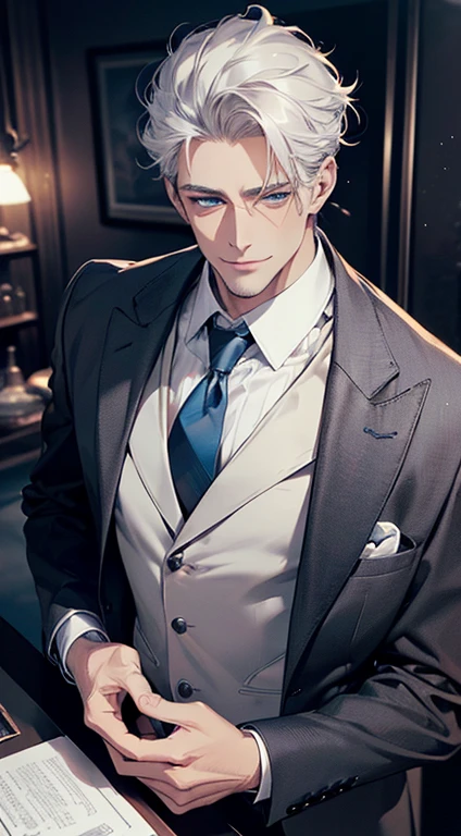 (best quality, masterpiece, 8K, photorealistic, cinematic lighting, 1:4 hdr image, top view, ultra detailed, beautiful image), a mature man, very handsome, short grey white hair, blue eyes, perfect face without errors , ((buttoning his jacket, CEO)), smile in love.