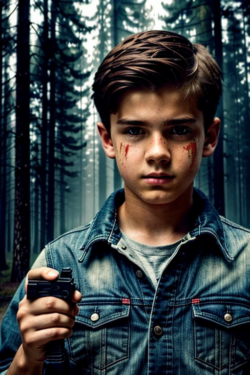 Create a book cover with an American boy, with a well-defined face, who is nervous and with torn clothes, holding a gun. The background needs to be a forest with mist