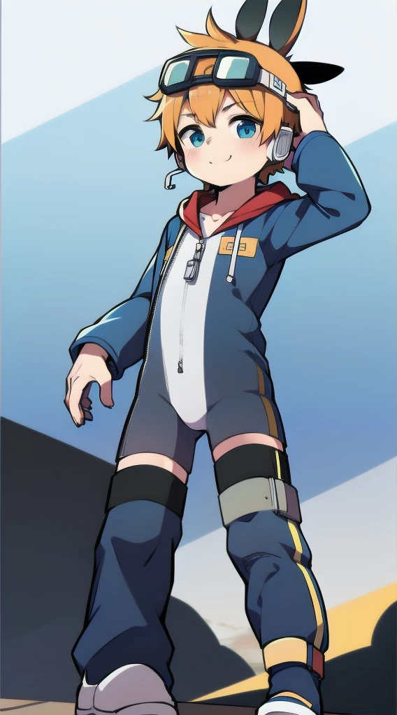 2D Shonen Shota,One-piece mountaineering suit,Slim, healthy body,Put the headphones on your head,stand up,goggles,Rabbit ears,Happy,Sailor collar,tie,zipper,hood