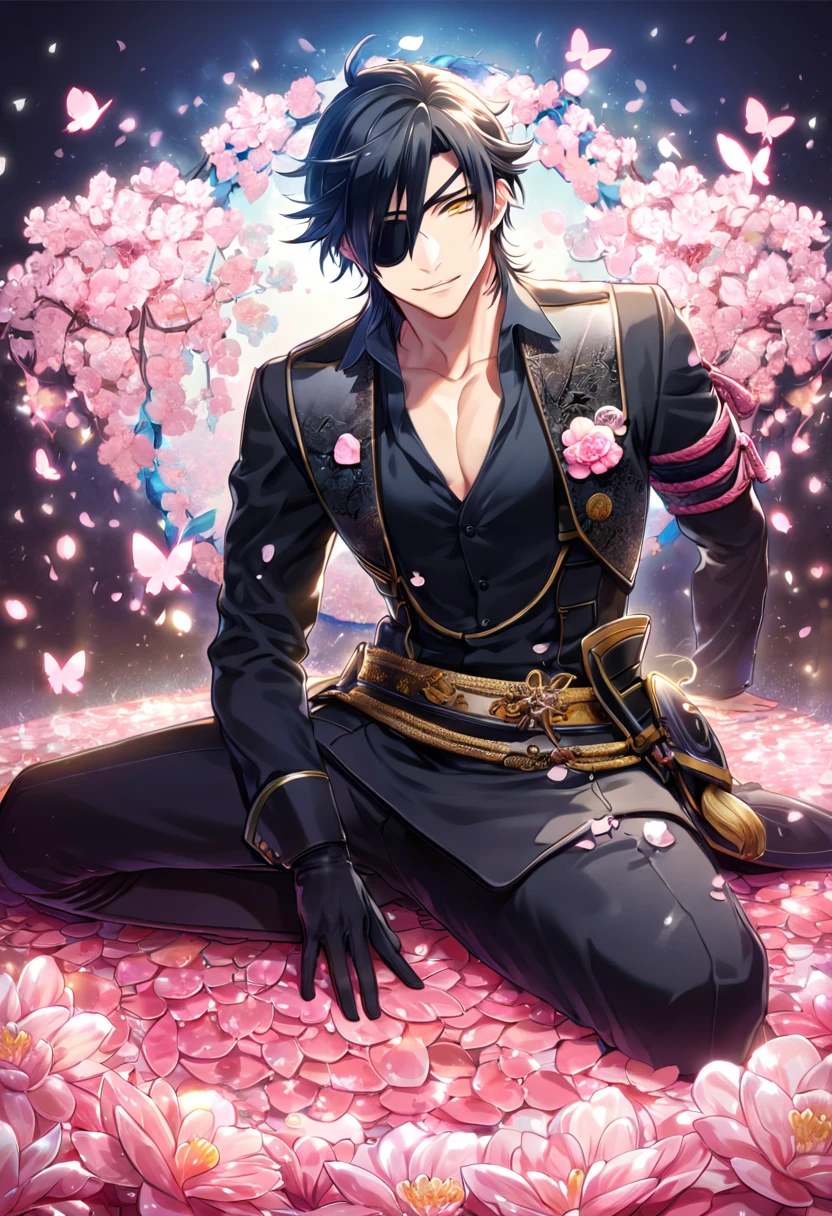 absurdres, highres, ultra detailed, HDR, master piece, best quality, Mitsutada Shokudaikiri, black hair, expressive yellow eyes, Touken Ranbu, solo, sexy man, handsome, black clothes, black eye patch, black gloves, sitting, fantasy, shining, water, pink flowers, pink blossoms, pink butterflies, pink petals