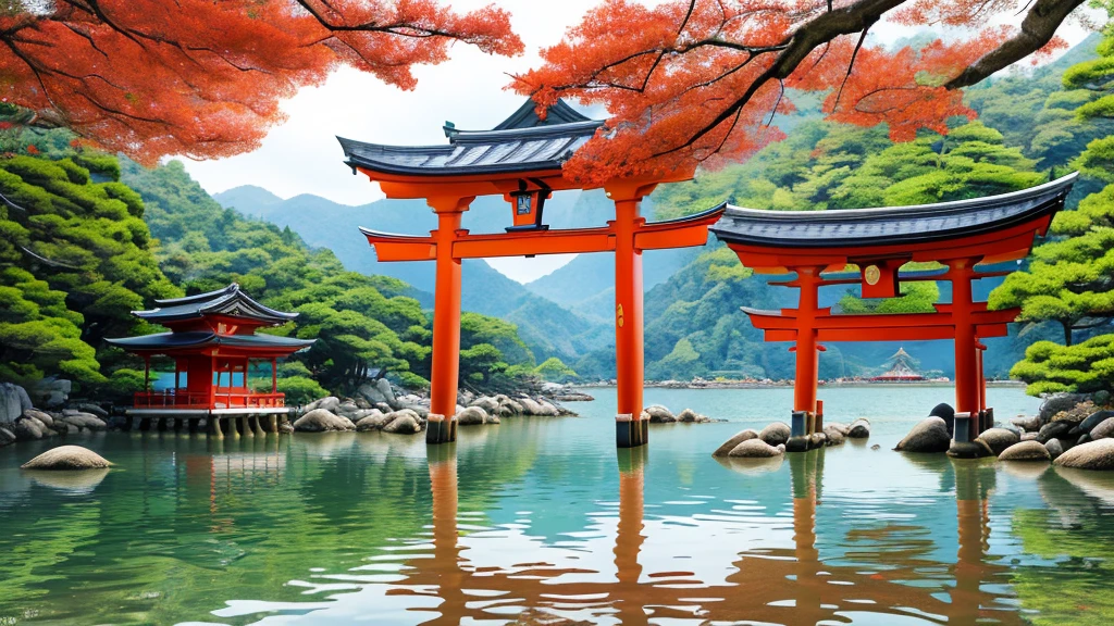 Breathtaking scene, Itsukushima Shrine, Miyajima Island, Hiroshima, Japan, floating torii gate, red pillars, blue waters, traditional Japanese architecture, curved roofs, intricate woodwork, tranquil waters, reflections, lush green mountains, serene, harmonious, UNESCO World Heritage Site