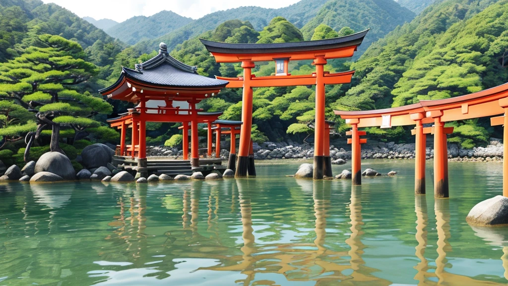 Breathtaking scene, Itsukushima Shrine, Miyajima Island, Hiroshima, Japan, floating torii gate, red pillars, blue waters, traditional Japanese architecture, curved roofs, intricate woodwork, tranquil waters, reflections, lush green mountains, serene, harmonious, UNESCO World Heritage Site