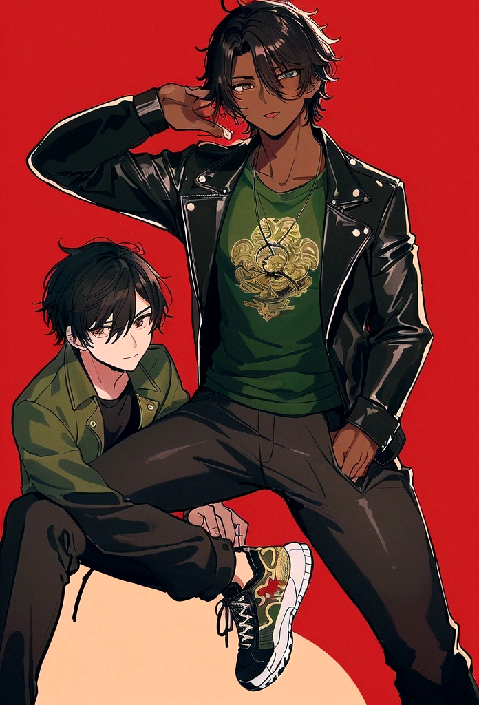 22 year old man, a little muscular,black hair, dark skin color ,A sports sneaker, brown pants, a dark green shirt with a crown print and a black leather jacket, background on top of a building red moon snow, arte the boys, アニメ