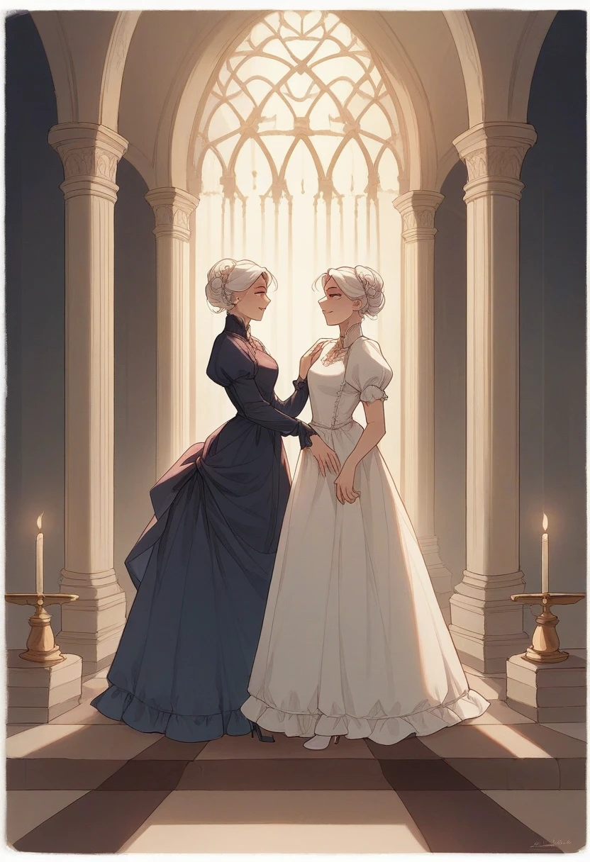 Images of two teenage twins with white hair walking in heels in a castle at night, dark evening, Well-detailed dress border with a mix of Victorian and Roman clothing. Their skin is clear, the dresses having white colors, red and gold. The salon being luxurious, darker. Framing like a manga. Relaxed position. Long corridor. Chandeliers and candles. The twins would be in a relaxed pose. The two would be running hand in hand in a fun pose., leaning on each other while smiling.