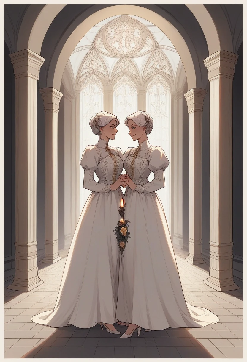 Images of two teenage twins with white hair walking in heels in a castle at night, dark evening, Well-detailed dress border with a mix of Victorian and Roman clothing.  Their skin is clear, the dresses having white colors, red and gold. The salon being luxurious, darker. Framing like a manga. Relaxed position. Long corridor. Chandeliers and candles. The twins would be in a relaxed pose. The two would be running hand in hand in a fun pose., leaning on each other while smiling.