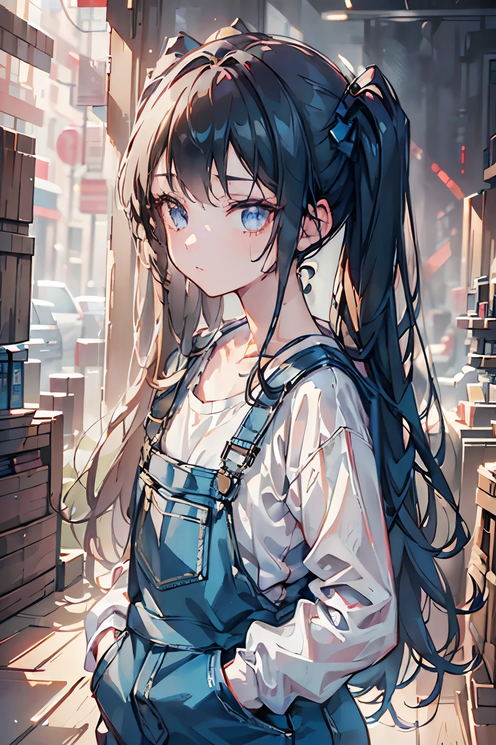 A woman in overalls and a lab coat, with long twin tails, (best quality,4k,8k,highres,masterpiece:1.2),ultra-detailed,(realistic,photorealistic,photo-realistic:1.37),detailed facial features, beautiful detailed eyes, sexy, extremely detailed eyes and face, long eyelashes, science laboratory, advanced technology, futuristic, intricate details, cinematic lighting, warm color palette, dramatic shadows