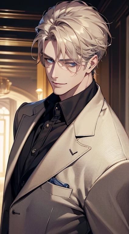 (best quality, masterpiece, 8K, photorealistic, cinematic lighting, 1:4 hdr image, top view, ultra detailed, beautiful image), a mature man, very handsome, short grey golden hair, blue eyes, perfect face without errors , ((buttoning his jacket, CEO)), smile in love.