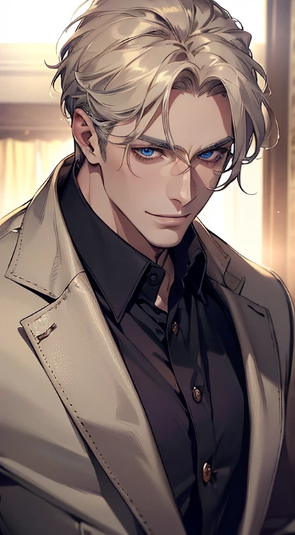 (best quality, masterpiece, 8K, photorealistic, cinematic lighting, 1:4 hdr image, top view, ultra detailed, beautiful image), a mature man, very handsome, short grey golden hair, blue eyes, perfect face without errors , ((buttoning his jacket, CEO)), smile in love.