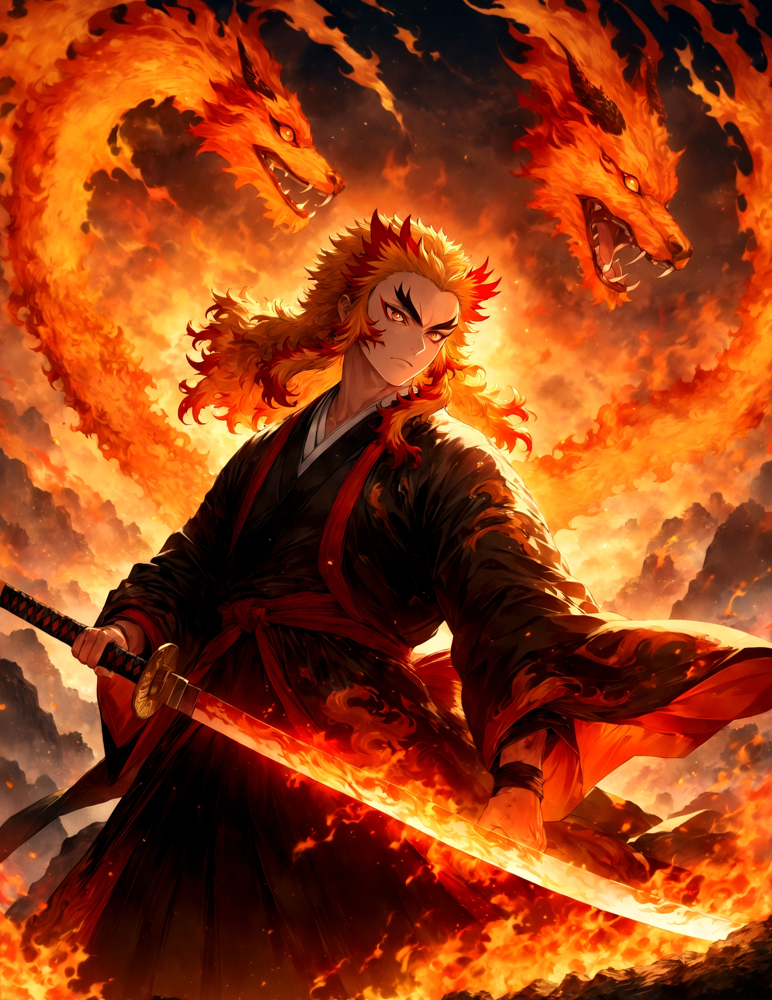 (1 male,Rengoku Kyojuro,yellow and orange hair),alone,comics『Demon slayer』letter,,Fighting Style,Fire effect,Staring straight ahead,Step forward,Moderately dirty,In Japan there are swords,Digital Art,An illustration,Intricate details,Intricate details,Wide range of colors,artwork,rendering,,(Highest quality:1.4),(Very detailed:1.5),High resolution,Very detailed,unity 8k wallpaper,Draw artistic background,Chinese dragon painted with fire,break,Japanese swords are straight and have a metallic luster...,Please hold the handle of the Japanese sword.