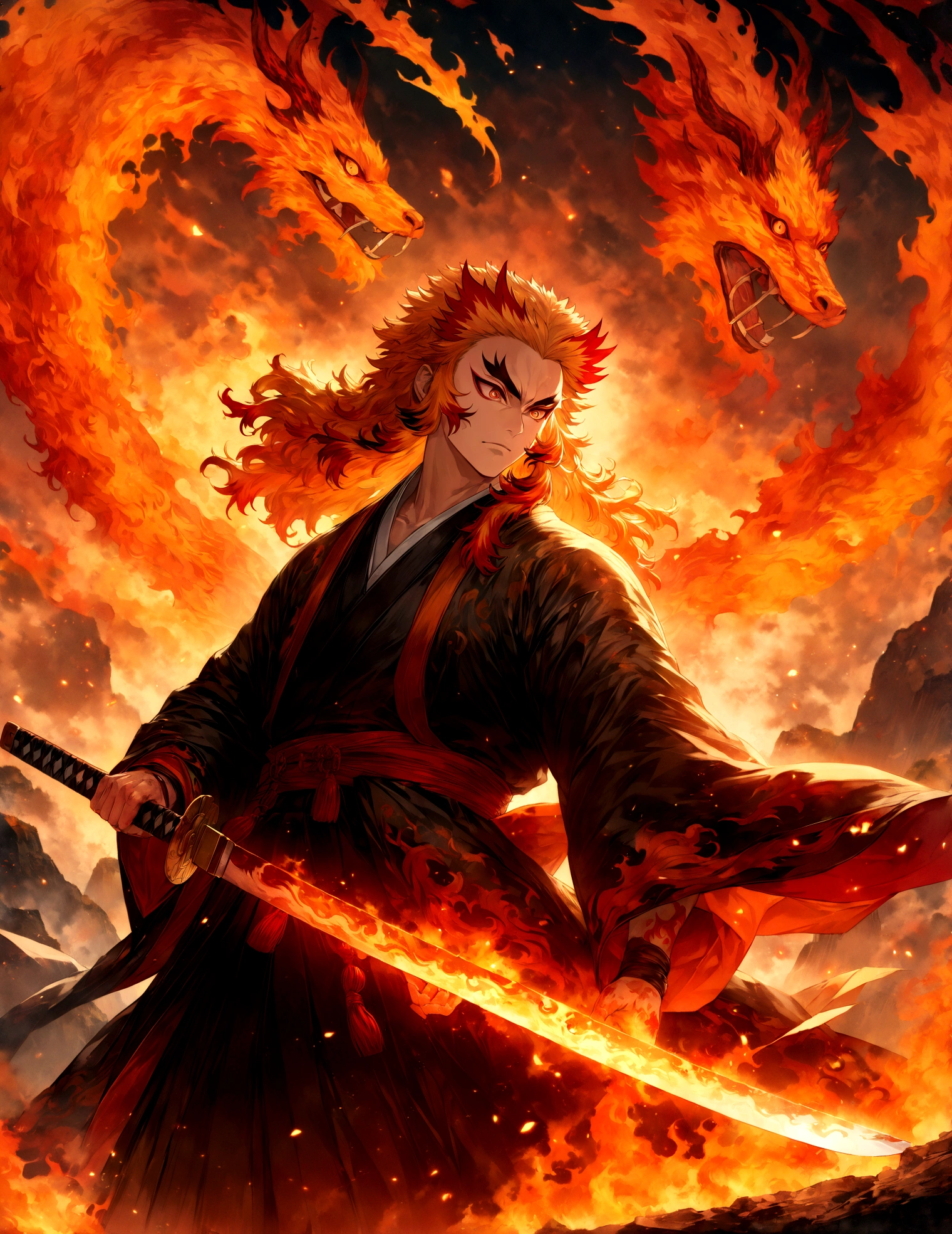 (1 male,Rengoku Kyojuro,yellow and orange hair),alone,comics『Demon slayer』letter,,Fighting Style,Fire effect,Staring straight ahead,Step forward,Moderately dirty,In Japan there are swords,Digital Art,An illustration,Intricate details,Intricate details,Wide range of colors,artwork,rendering,,(Highest quality:1.4),(Very detailed:1.5),High resolution,Very detailed,unity 8k wallpaper,Draw artistic background,Chinese dragon painted with fire,break,Japanese swords are straight and have a metallic luster...,Please hold the handle of the Japanese sword.
