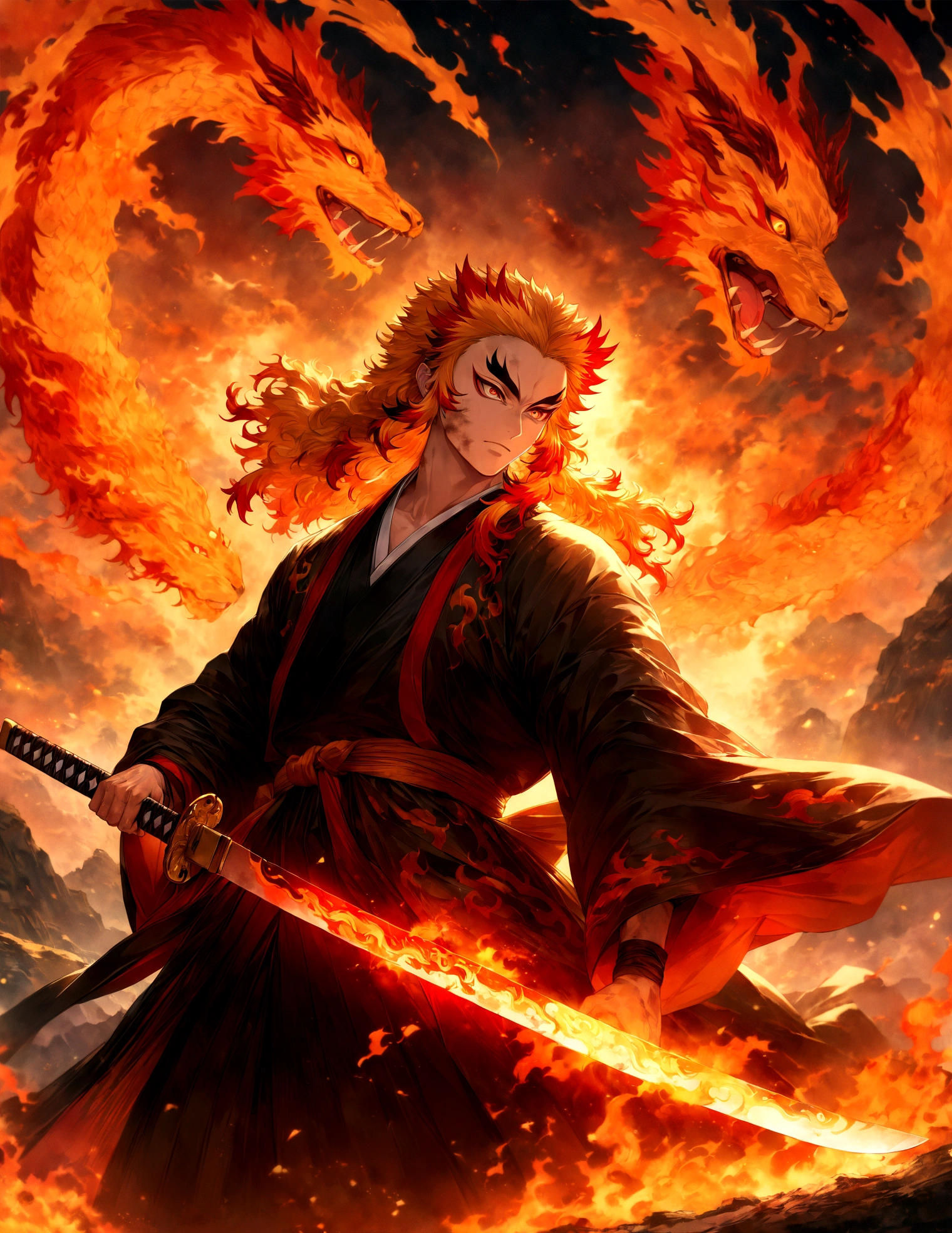 (1 male,Rengoku Kyojuro,yellow and orange hair),alone,comics『Demon slayer』letter,,Fighting Style,Fire effect,Staring straight ahead,Step forward,Moderately dirty,In Japan there are swords,Digital Art,An illustration,Intricate details,Intricate details,Wide range of colors,artwork,rendering,,(Highest quality:1.4),(Very detailed:1.5),High resolution,Very detailed,unity 8k wallpaper,Draw artistic background,Chinese dragon painted with fire,break,Japanese swords are straight and have a metallic luster...,Please hold the handle of the Japanese sword.
