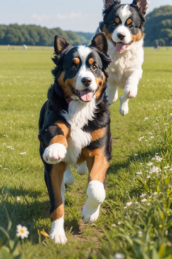 Bernese dog jumping next to a white rabbit in a large field