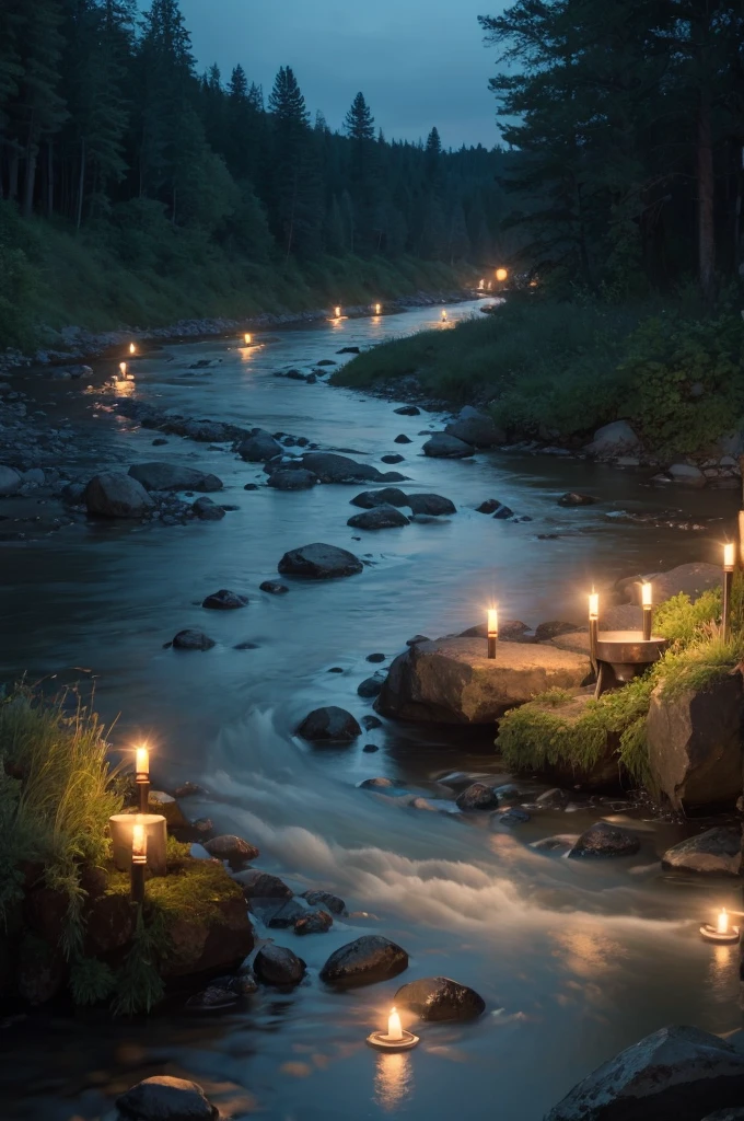 Drawing river with lit candles