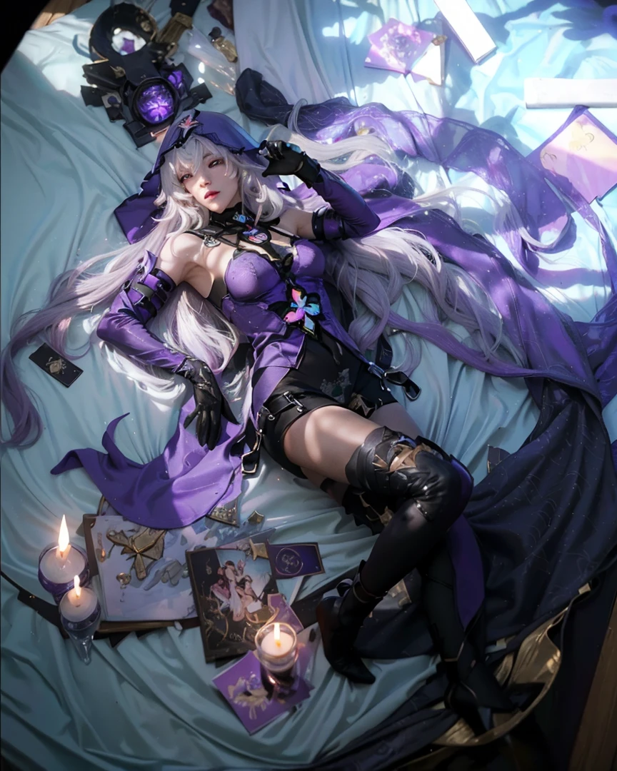 ((BLACK SWAN_HONKAI STARRAIL)),((realistic, photorealistic)),(highlight hair)), Light reflection, (( HD )),((upper body)), (((best quality, masterpiece))), (masterpiece) (best quality) (detail) (8k) (HDR) (wallpaper) (cinematic lighting) (sharp focuasterpiece, best quality: 1.1), Real life adaption of this character, Asian beauty face, Shining green eyes, realistic outfit, realistic shadow, realistic light, realism, hyper realistic,realistic hair, realistic background,(photorealistic:1.2), 1girl, glow purple,Cloth mat background, lying down, hair loose,Hooded,white hair,Reflection of window light,Luxurious candles,glow effect, foreground candle, Particles light,Black Gloves,floating hair,Candles, divination cards, divination balls, deer antler head, white hair with purple gradient, mirror, black gloves,magic book,Reflection of church window light, blending light,