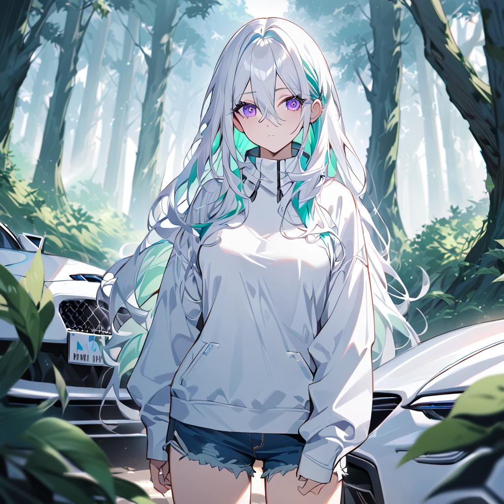 A woman wearing a white sweatshirt with blue details, denim shorts, white hair, long hair, blue tones in her hair, multicolored hair, purple eyes, ?????????????, next to a white luxury car, standing on a track, large track , close view, of a forest, very detailed trees, very green leaves, green effects in the location,
