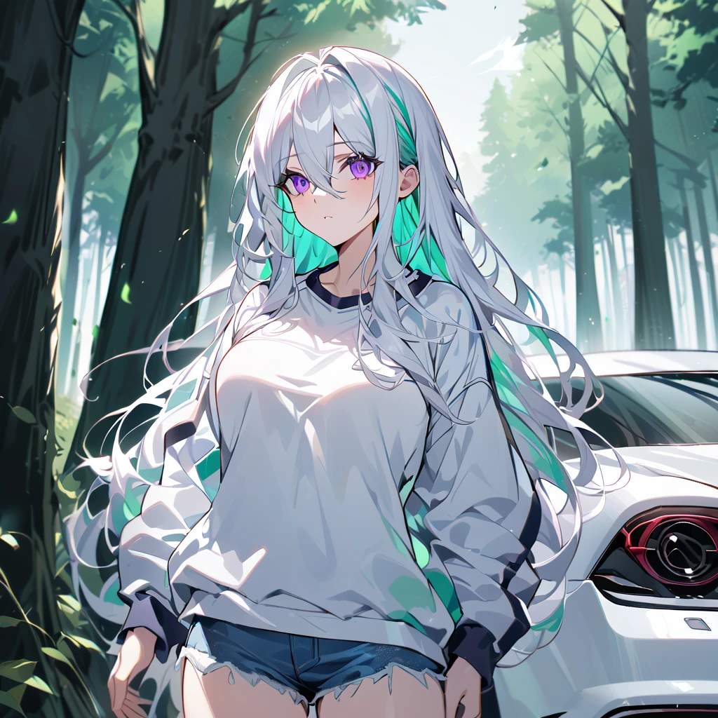 A woman wearing a white sweatshirt with blue details, denim shorts, white hair, long hair, blue tones in her hair, multicolored hair, purple eyes, large breasts, next to a white luxury car, standing on a track, large track , close view, of a forest, very detailed trees, very green leaves, green effects in the location,