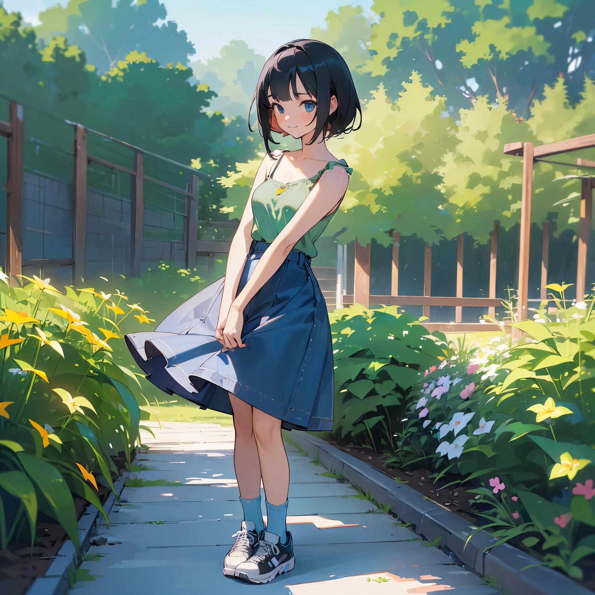 (high quality, High resolution, Very detailed, reality:1.37), Peaceful atmosphere, (Outdoor, garden), Teenage girl standing alone, (my breasts are big.), Beautiful details, Cute Smile, (Black bob hair), camisole, Denim skirt, Blue socks, sneakers.