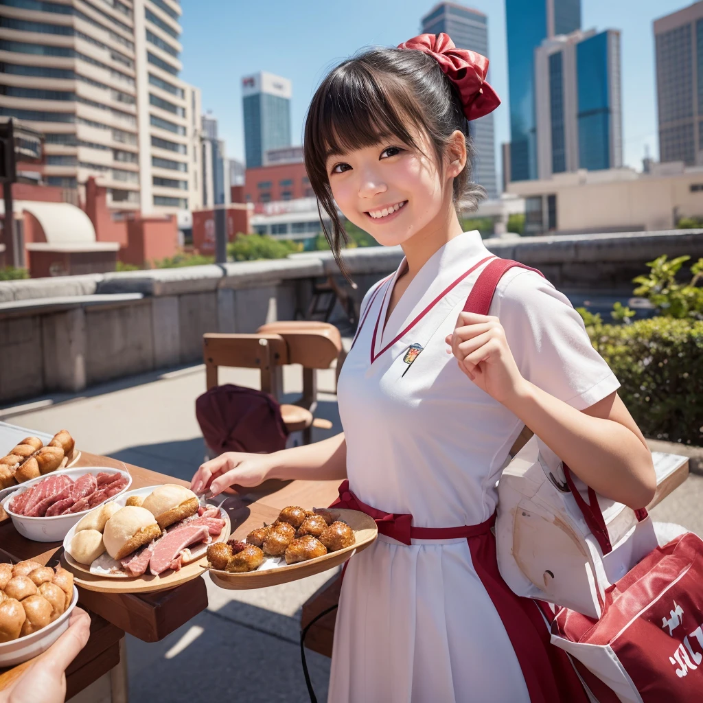 Portray a person with a cute hairstyle , sporting a sweet smile, while enjoying a meat bun, all depicted in the style of Japanese photography with hyper-realistic portraits. Dress the individual as a cheerleader and incorporate instruments typically used in an orchestra. Utilize a local cityscape as the background and experiment with shades and out-of-focus elements using an instant camera