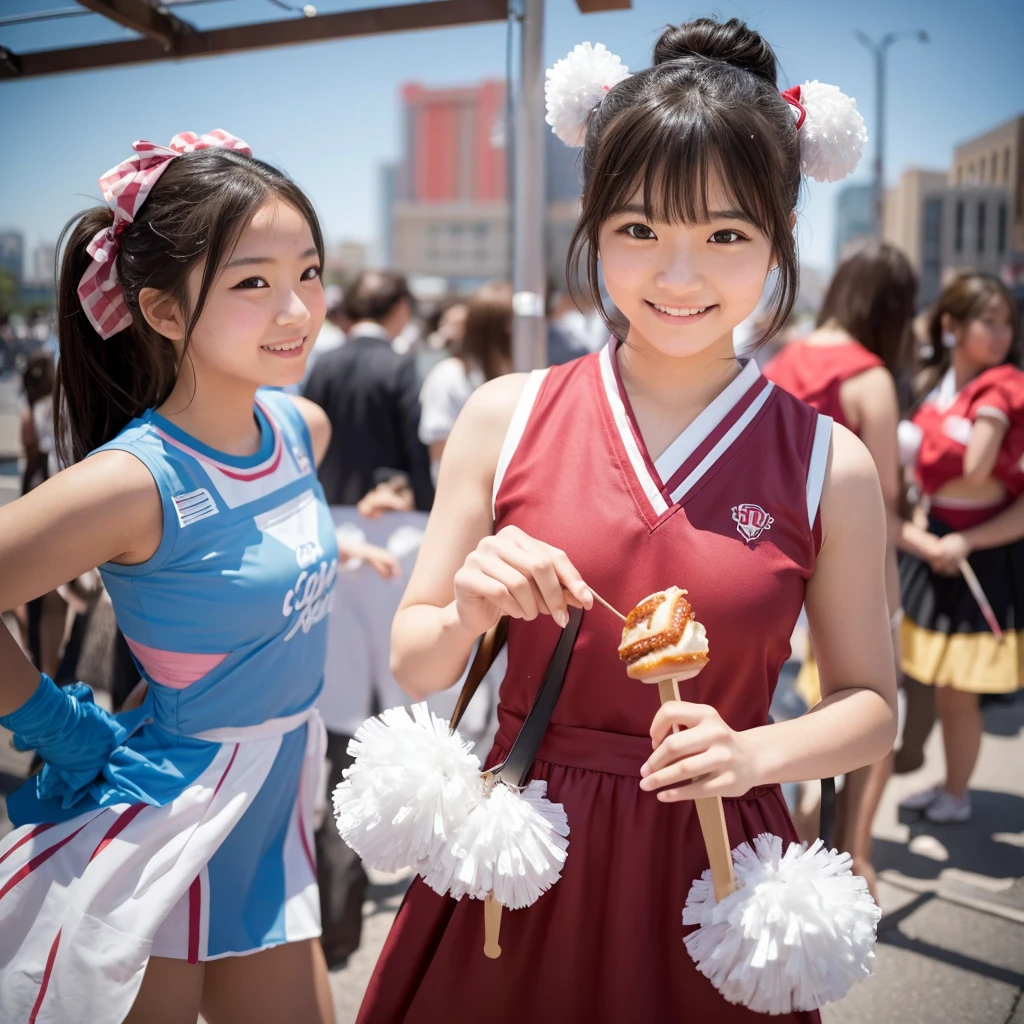 Portray a person with a cute hairstyle , sporting a sweet smile, while enjoying a meat bun, all depicted in the style of Japanese photography with hyper-realistic portraits. Dress the individual as a cheerleader and incorporate instruments typically used in an orchestra. Utilize a local cityscape as the background and experiment with shades and out-of-focus elements using an instant camera