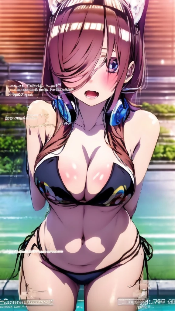 Detailed and ultra HD girl in the pool wearing a black bikini