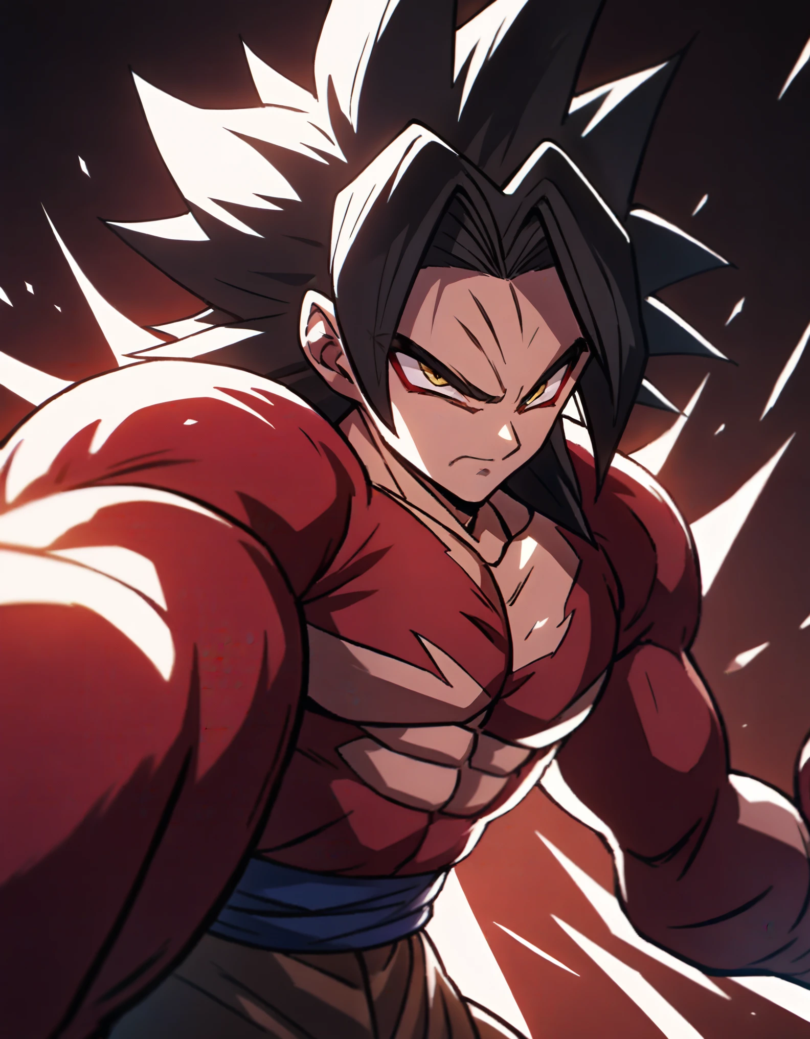 1boy, Goku (Dragon Ball), super saiyan, close-up, cinematic angle, foreshortening, dark background, (best quality, 4k, 8k,highres,masterpiece:1.2) ,ultra-detailed ,dramatic lighting ,chiaroscuro, dynamic composition,powerful energy aura, intense expression
