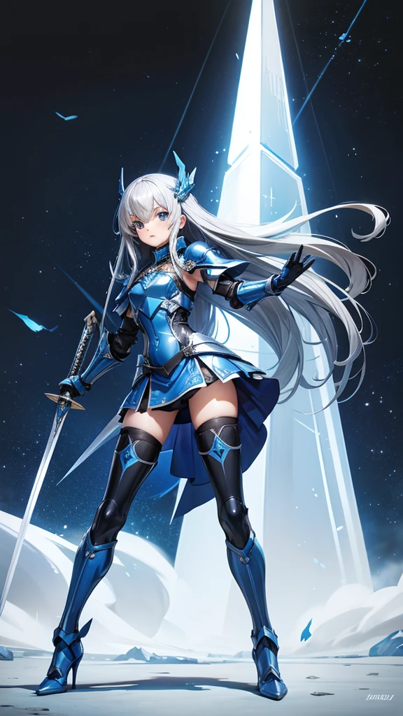 Silver long hair and flat chest，Dark blue armor，Blue jumpsuit，double shield sword，， Legs，stockings，High heel，Big cities