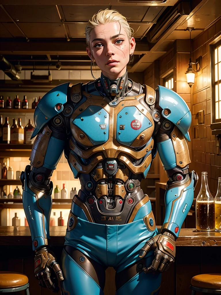 (best quality, masterpiece, highest detailed), (photorealistic:1.2), (detailed light:1.2), (Realistic skin texture:1.4), raw photo, cowboy shoot, cyberpunk photo, cyborg, human and robot, mechanical body parts, cybernetic organism, rusty exoskeleton, drinking beer in an old bar, looking at viewer, dirty photo, bleak future