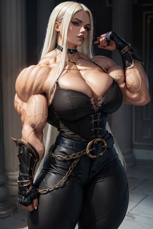 (((Massive tall, beautiful, buff, light brown skinned muscular woman with white hair, black lipstick, ginormous bulky muscles and wearing a beautiful black unbuttoned blouse with a beautiful black tight pants))), (close view), massive muscle, massive biceps, hyper muscle shoulders, massive muscle arms, vascular shoulders, hyper muscle triceps, (long straight hair), (beautiful unbuttoned black blouse), blue eyes, (gauntlets and gloves), choker, (beautiful black tight pants with a belt), boots, in a dark school, confidant smile, night, hyper vascular arm, hyper muscles arms, hyper muscle legs, massive arms